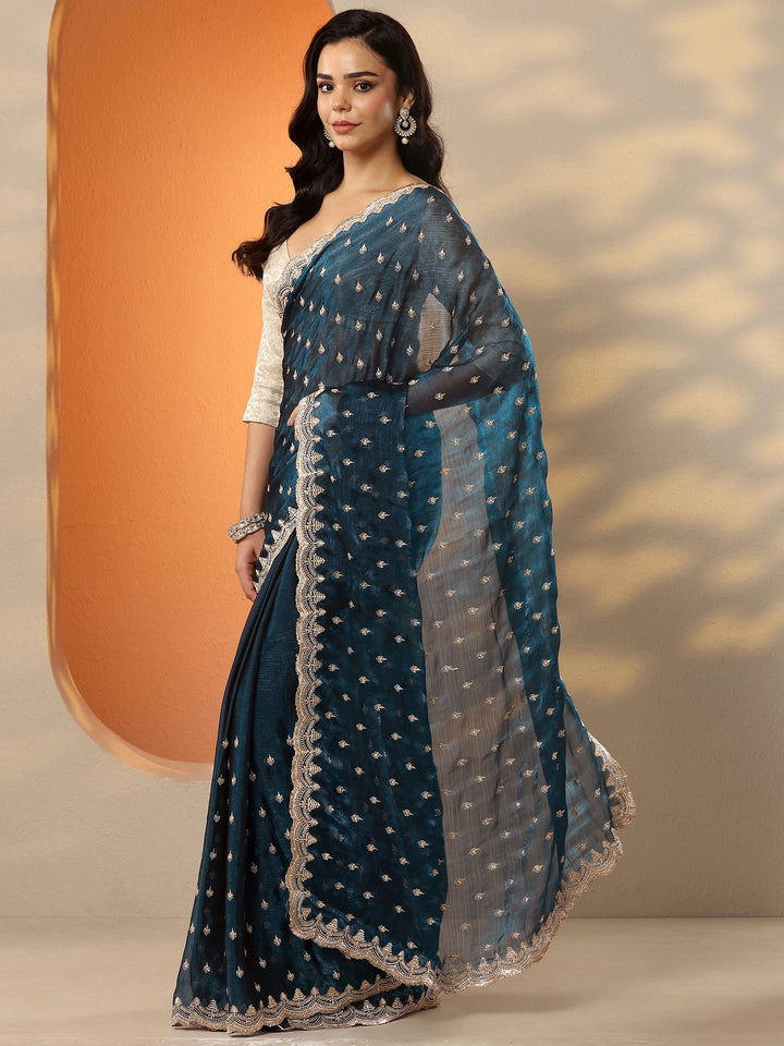 Teal Embroidered Organza Saree With Unstitched Blouse Piece
