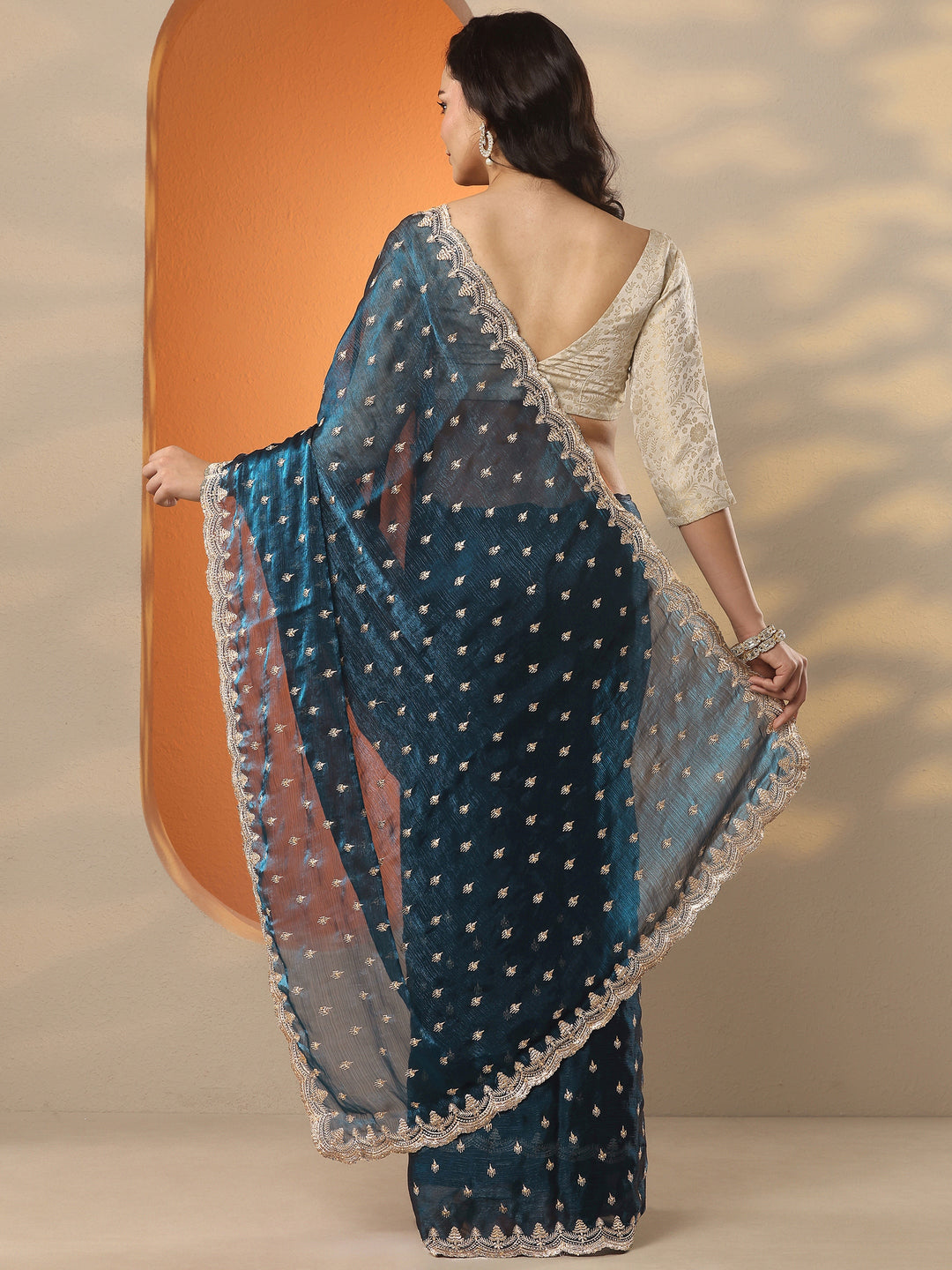 Teal Embroidered Organza Saree With Unstitched Blouse Piece