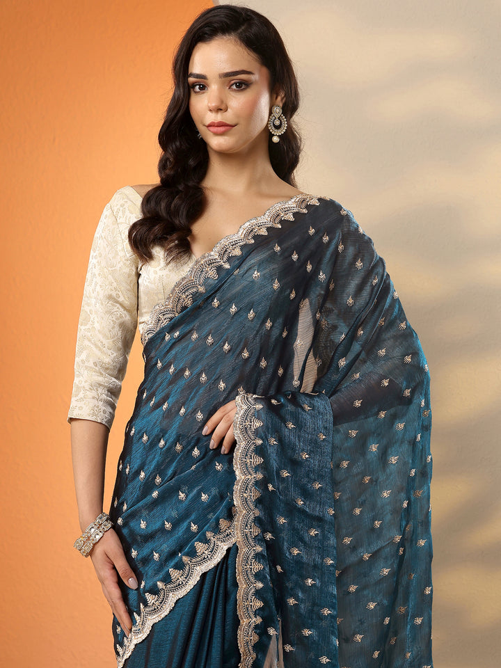 Teal Embroidered Organza Saree With Unstitched Blouse Piece