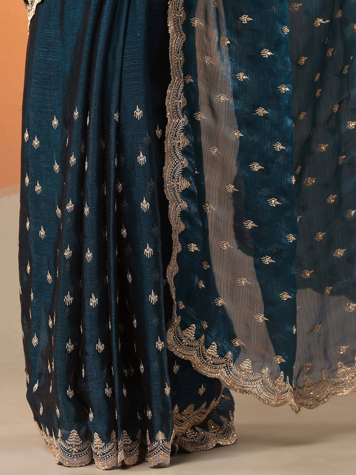 Teal Embroidered Organza Saree With Unstitched Blouse Piece