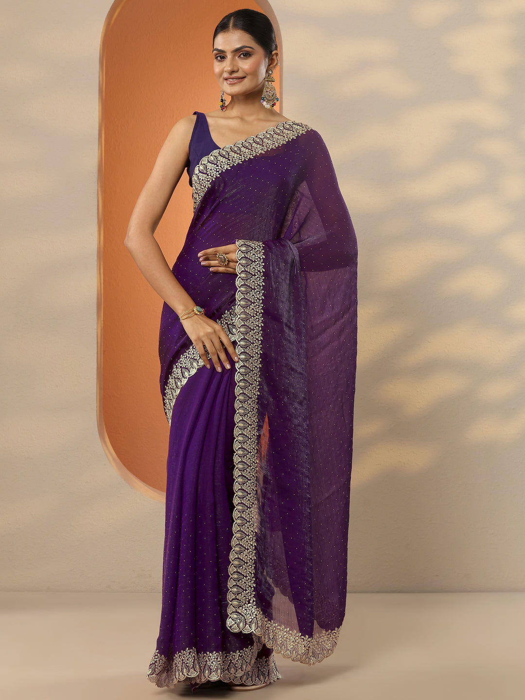 Purple Embellished Organza Saree With Unstitched Blouse Piece