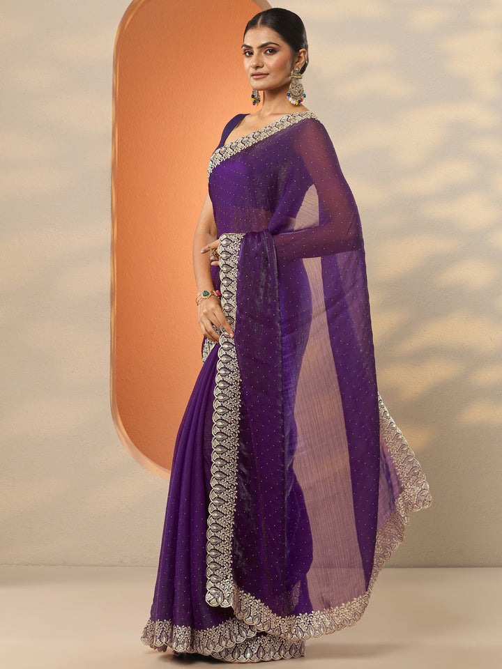 Purple Embellished Organza Saree With Unstitched Blouse Piece