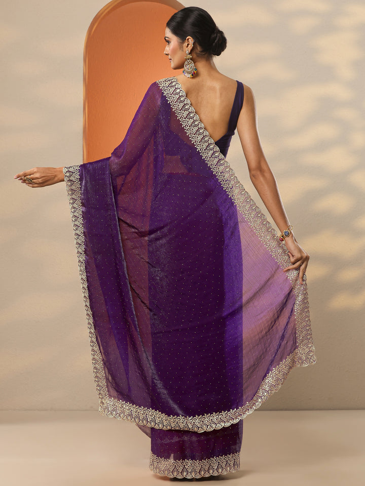 Purple Embellished Organza Saree With Unstitched Blouse Piece
