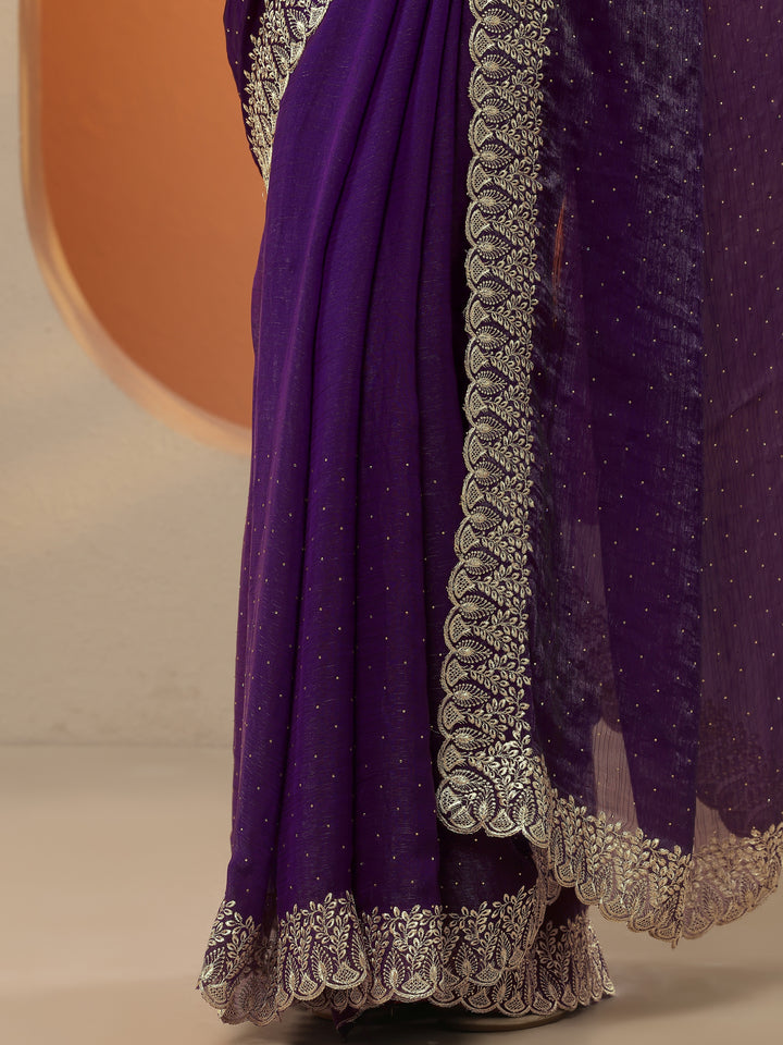 Purple Embellished Organza Saree With Unstitched Blouse Piece