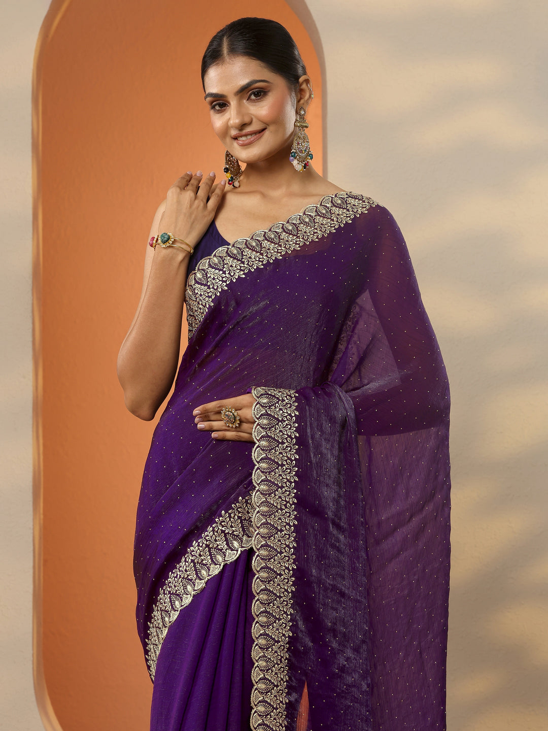 Purple Embellished Organza Saree With Unstitched Blouse Piece