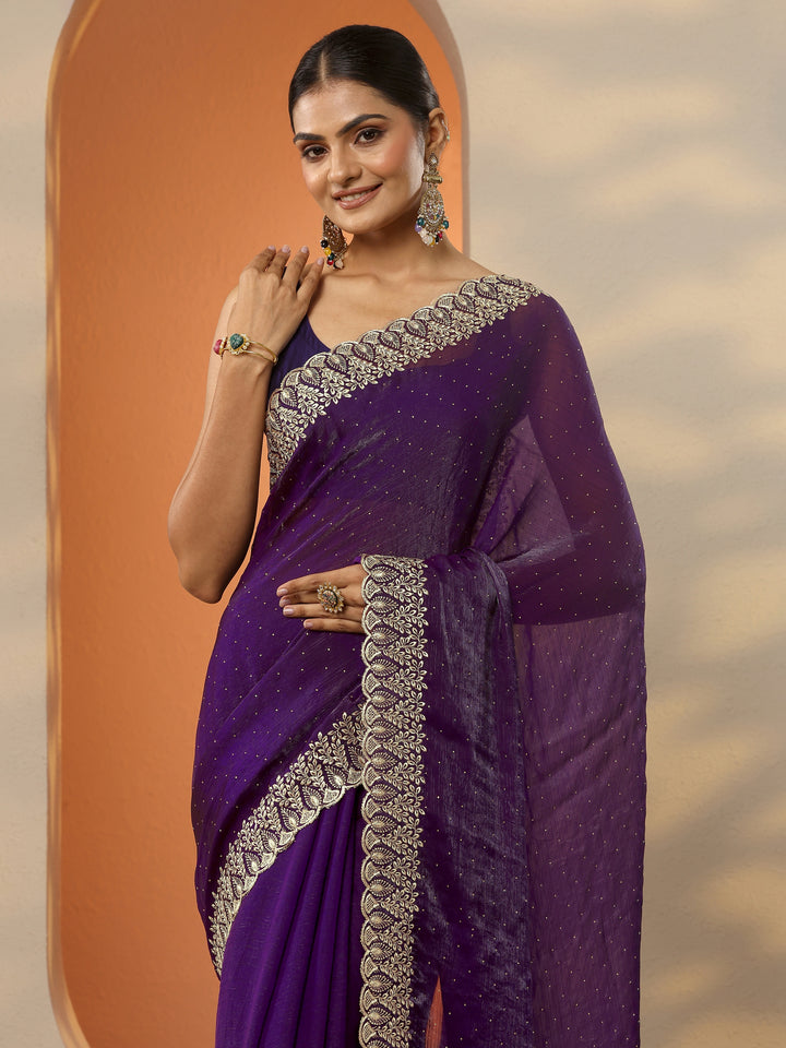 Purple Embellished Organza Saree With Unstitched Blouse Piece