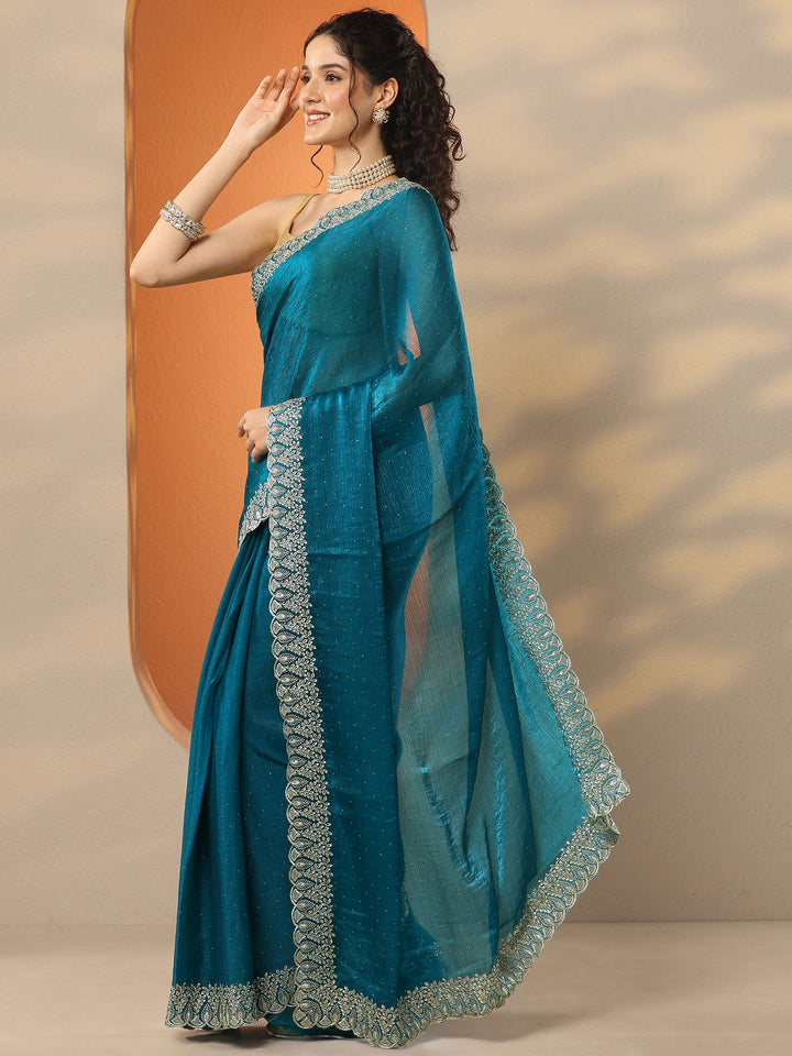 Teal Embellished Organza Saree With Unstitched Blouse Piece