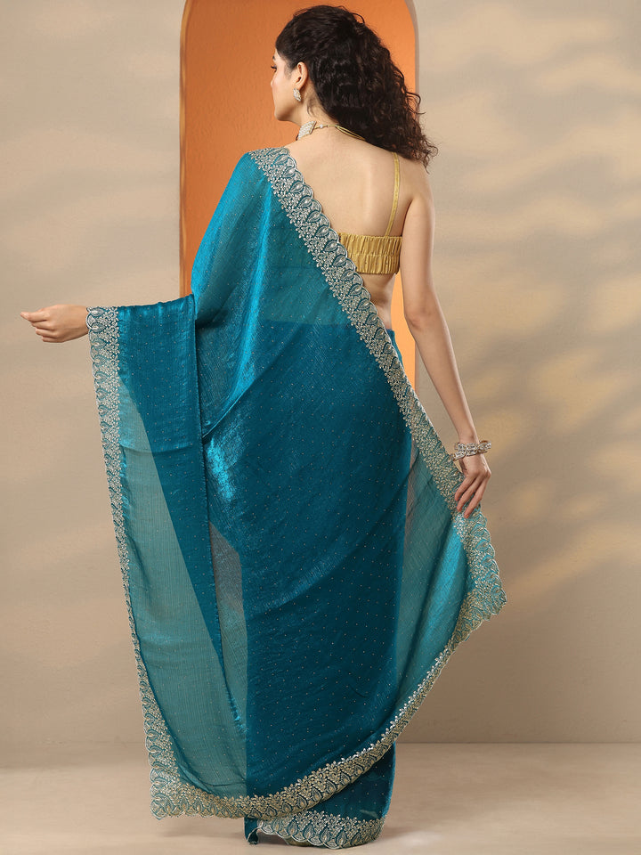 Teal Embellished Organza Saree With Unstitched Blouse Piece