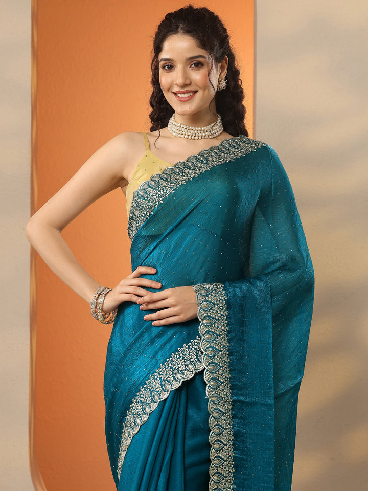 Teal Embellished Organza Saree With Unstitched Blouse Piece