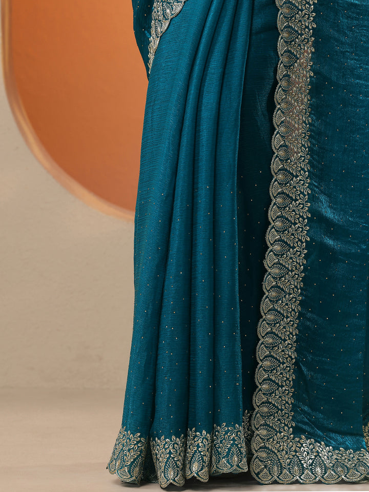 Teal Embellished Organza Saree With Unstitched Blouse Piece