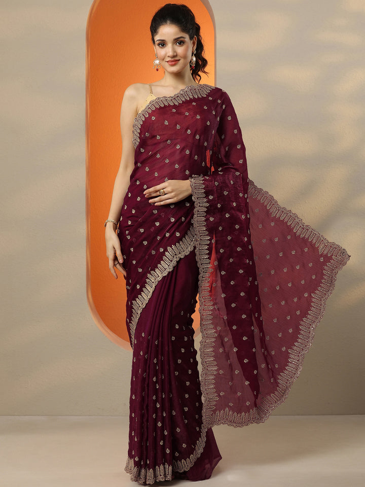 Maroon Embroidered Organza Saree With Unstitched Blouse Piece