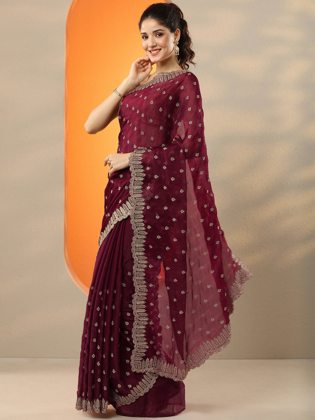Maroon Embroidered Organza Saree With Unstitched Blouse Piece