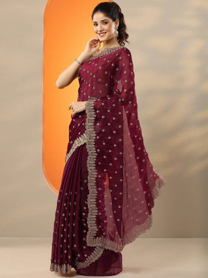 Maroon Embroidered Organza Saree With Unstitched Blouse Piece