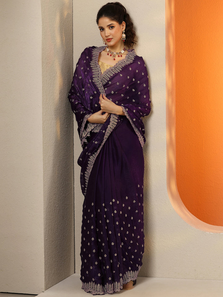 Purple Embroidered Organza Saree With Unstitched Blouse Piece