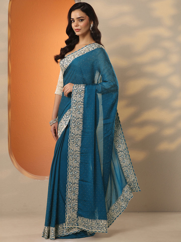 Blue Embellished Chinon Saree With Unstitched Blouse Piece