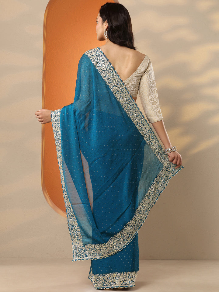 Blue Embellished Chinon Saree With Unstitched Blouse Piece