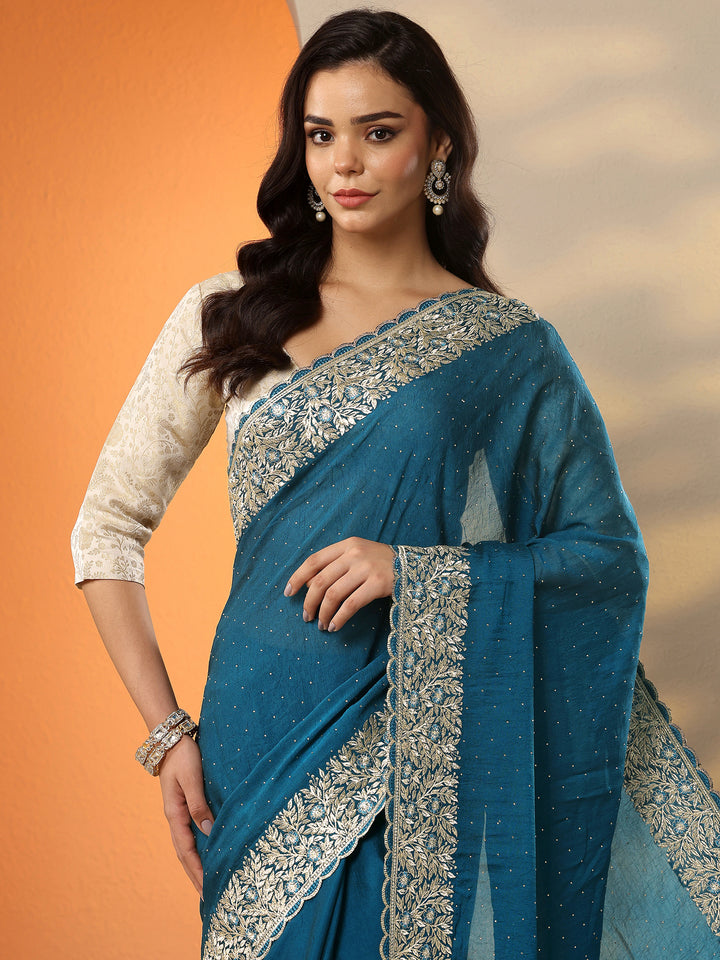 Blue Embellished Chinon Saree With Unstitched Blouse Piece