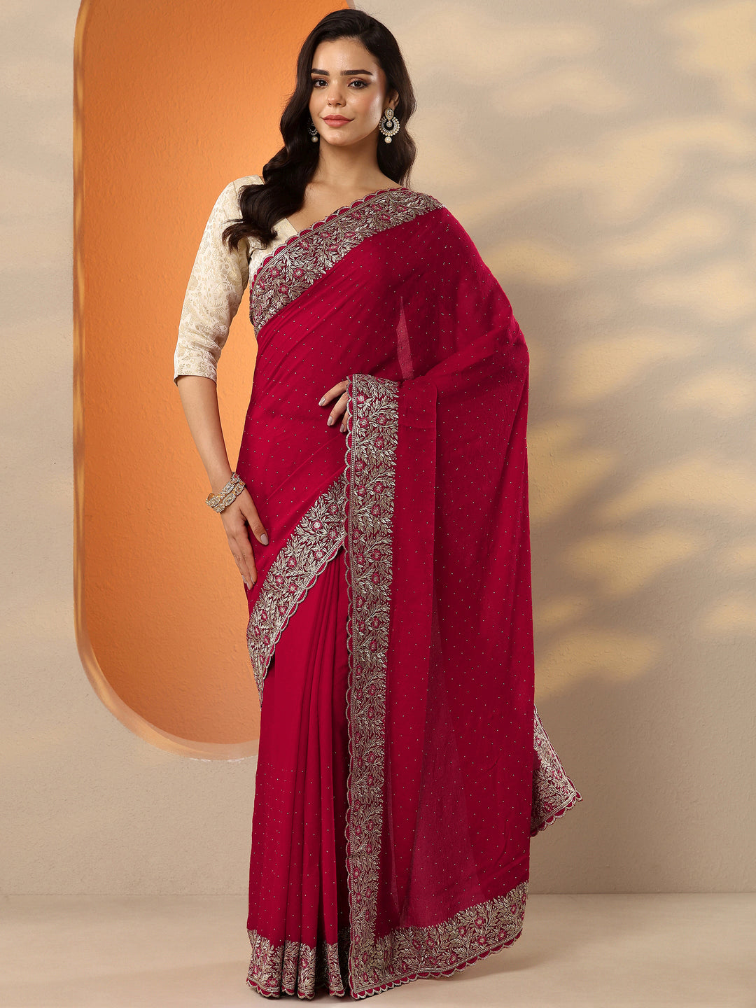 Red Embellished Chinon Saree With Unstitched Blouse Piece