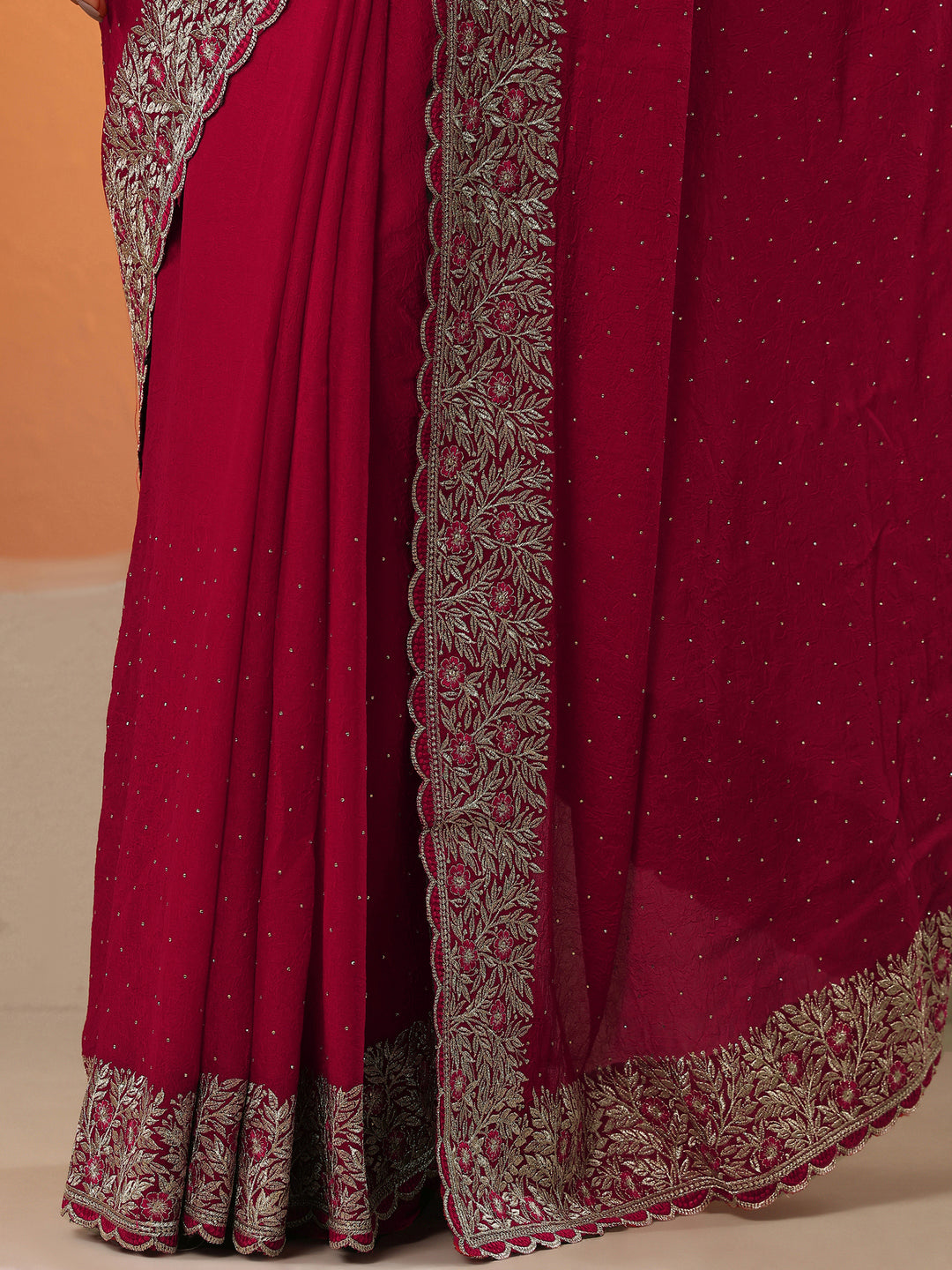 Red Embellished Chinon Saree With Unstitched Blouse Piece