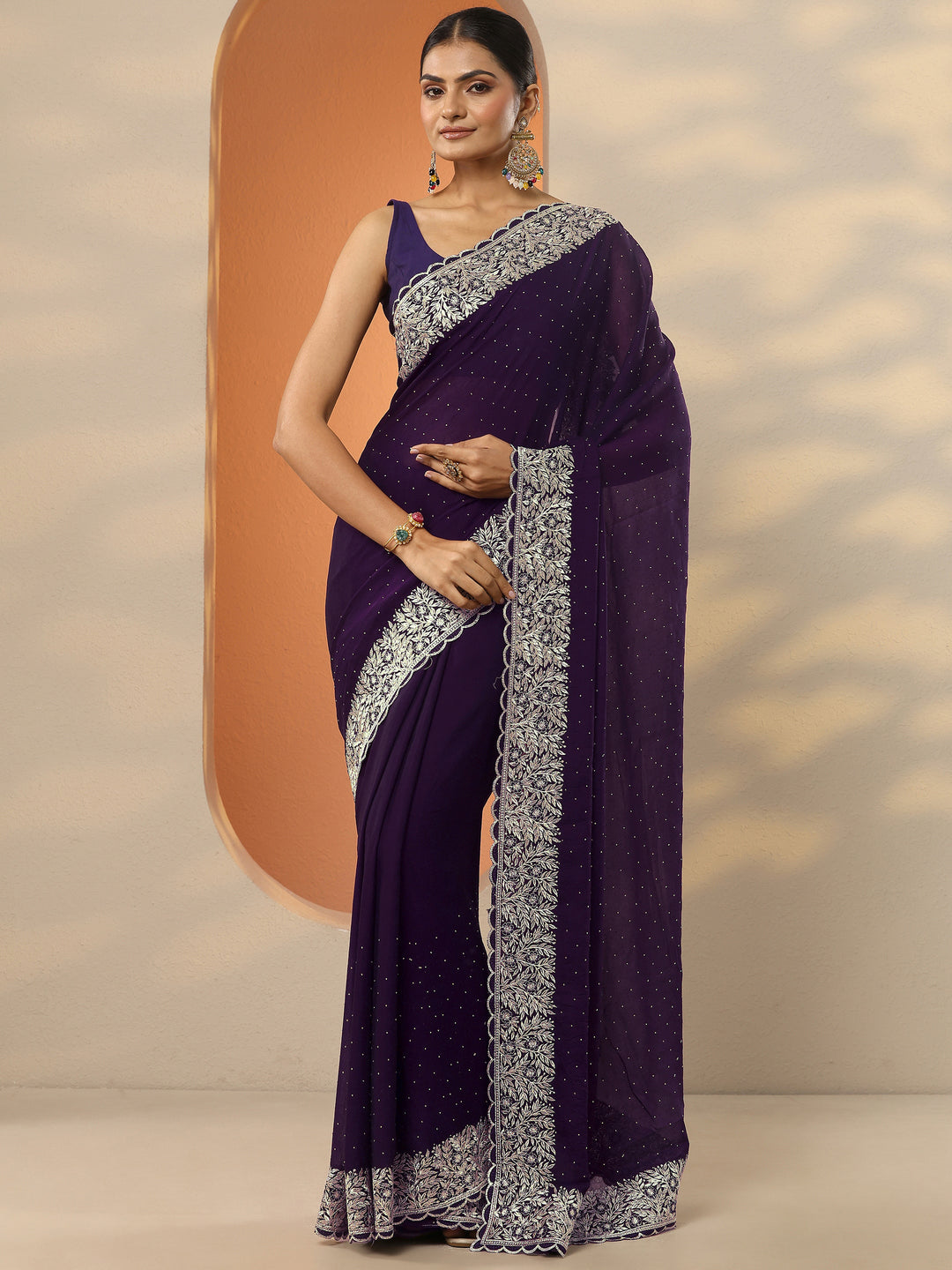 Burgundy Embellished Chinon Saree With Unstitched Blouse Piece
