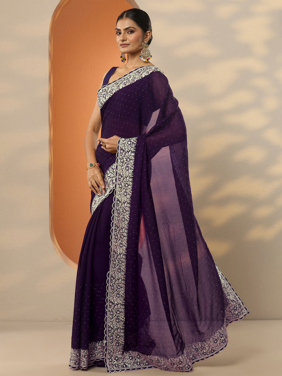 Burgundy Embellished Chinon Saree With Unstitched Blouse Piece