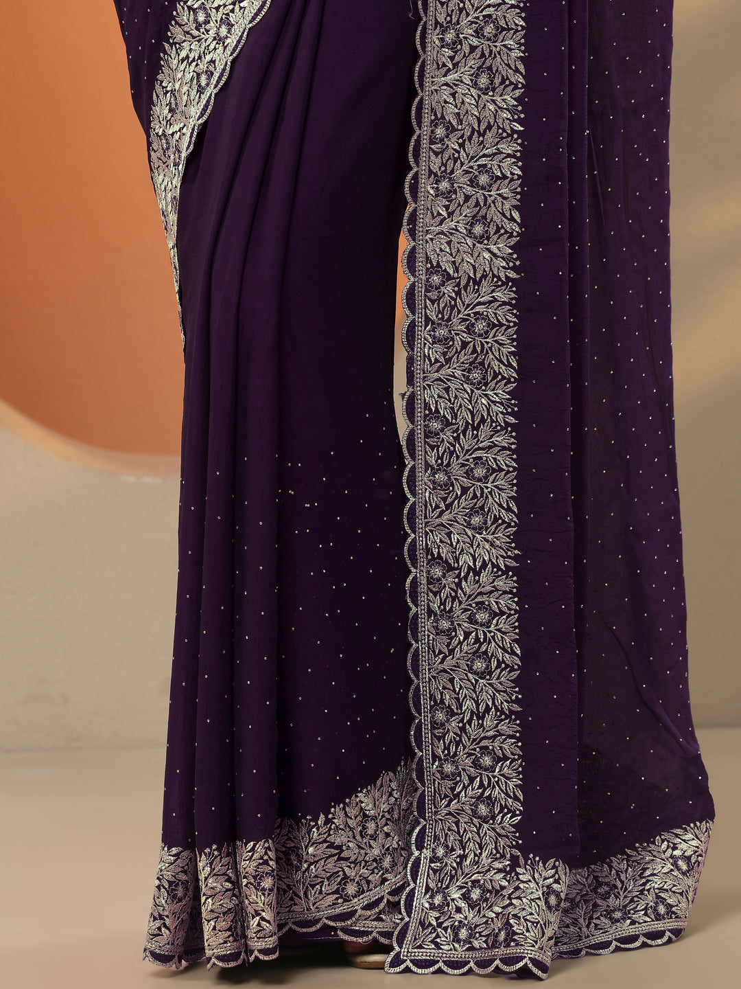 Burgundy Embellished Chinon Saree With Unstitched Blouse Piece