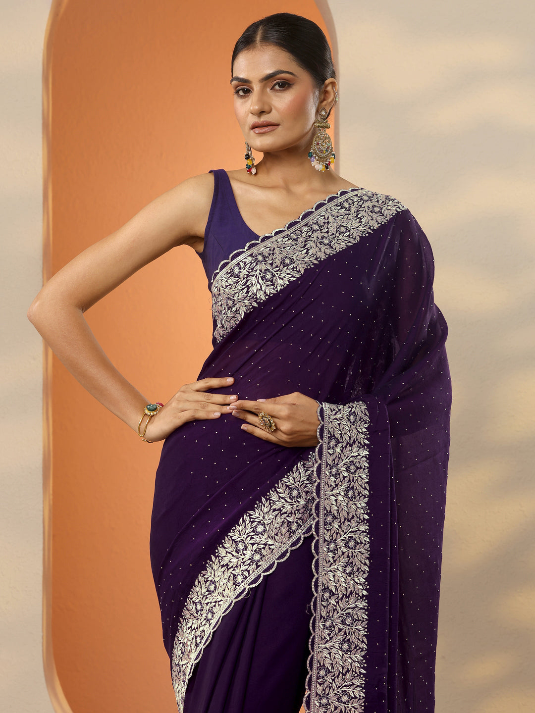 Burgundy Embellished Chinon Saree With Unstitched Blouse Piece