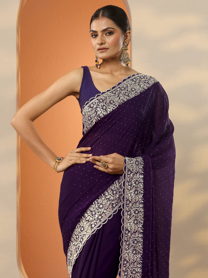 Burgundy Embellished Chinon Saree With Unstitched Blouse Piece