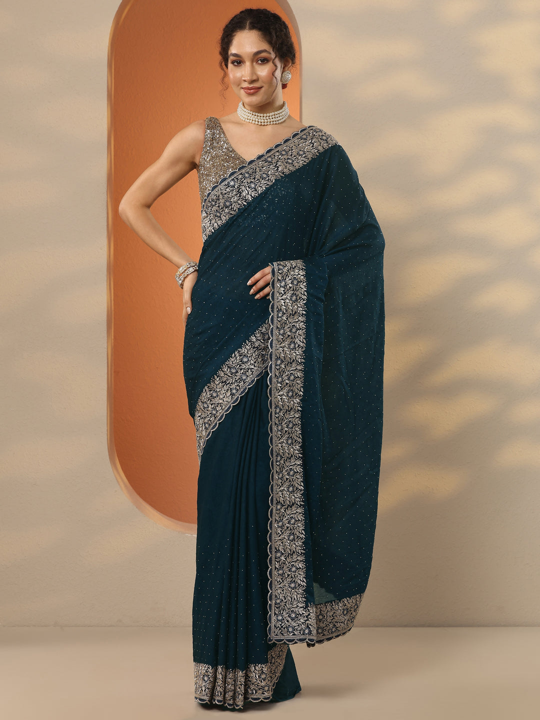 Navy Blue Embellished Chinon Saree With Unstitched Blouse Piece