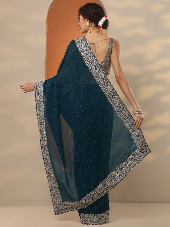 Navy Blue Embellished Chinon Saree With Unstitched Blouse Piece