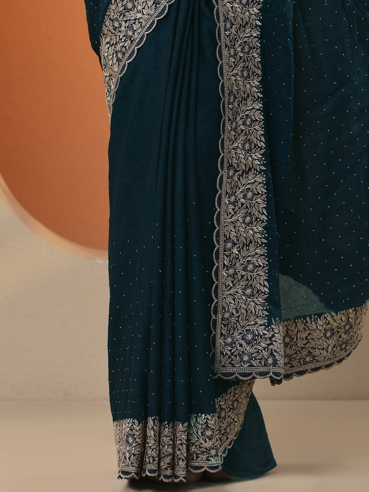 Navy Blue Embellished Chinon Saree With Unstitched Blouse Piece