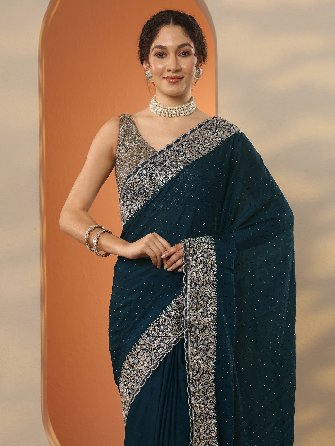 Navy Blue Embellished Chinon Saree With Unstitched Blouse Piece