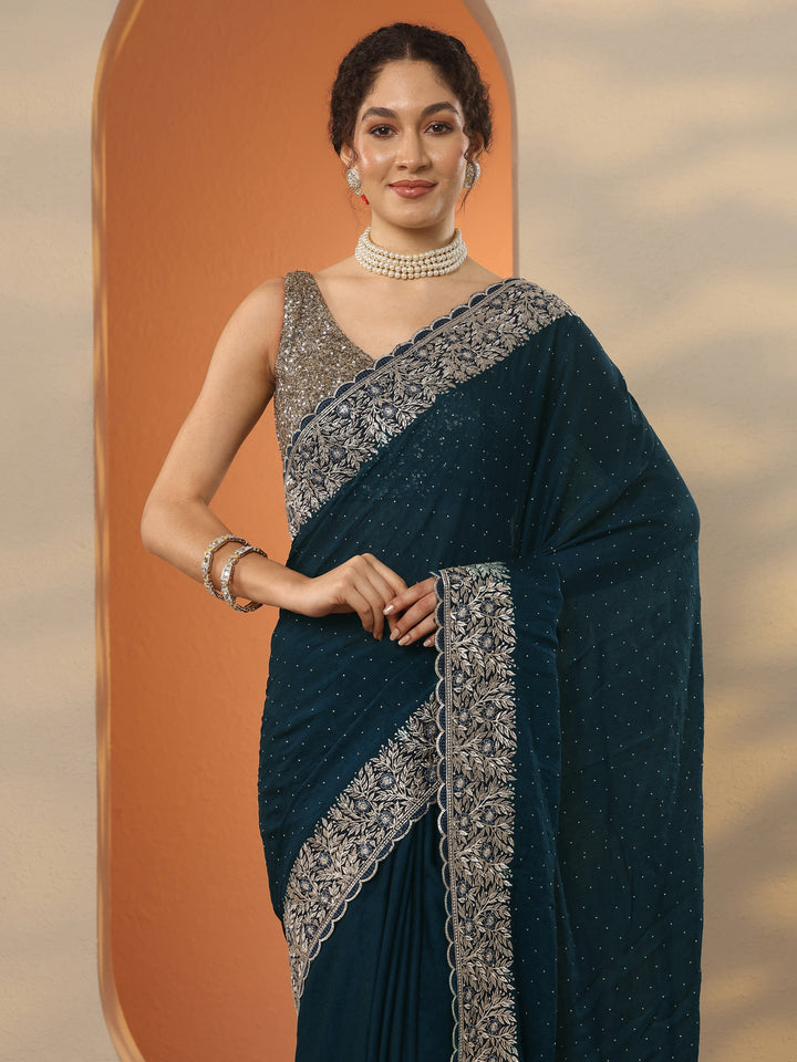 Navy Blue Embellished Chinon Saree With Unstitched Blouse Piece