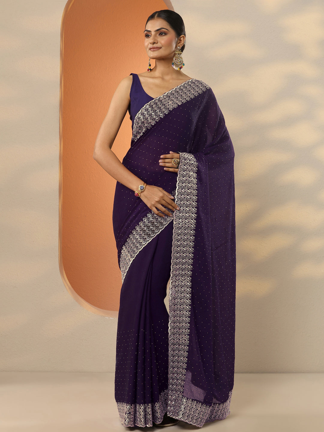 Burgundy Embellished Chinon Saree With Unstitched Blouse Piece