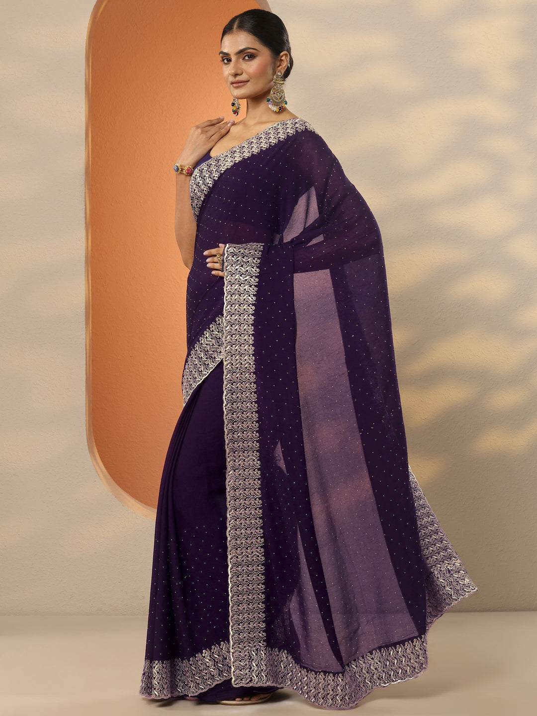 Burgundy Embellished Chinon Saree With Unstitched Blouse Piece