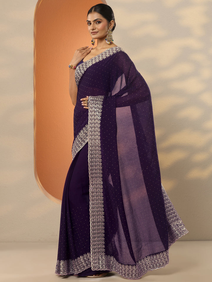 Burgundy Embellished Chinon Saree With Unstitched Blouse Piece