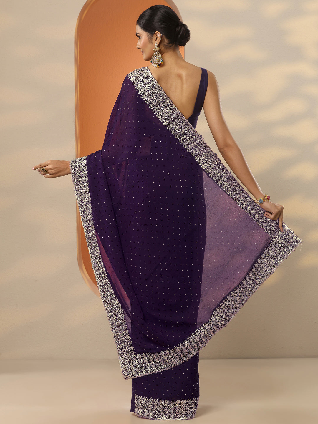 Burgundy Embellished Chinon Saree With Unstitched Blouse Piece