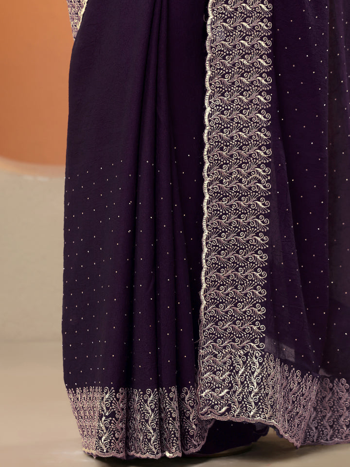 Burgundy Embellished Chinon Saree With Unstitched Blouse Piece