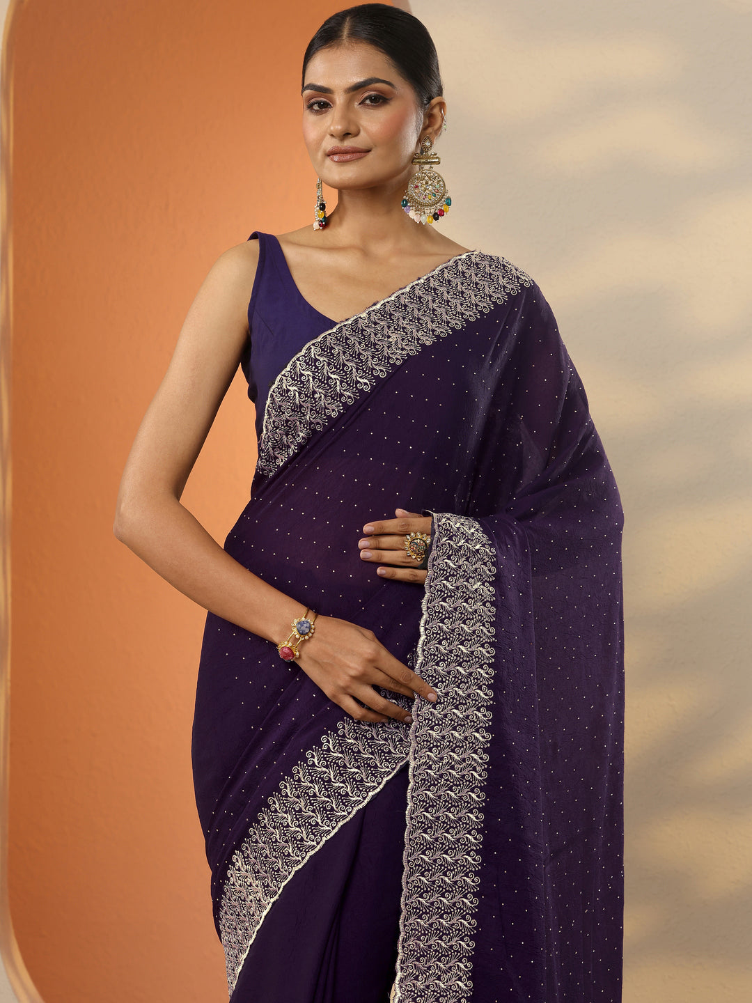 Burgundy Embellished Chinon Saree With Unstitched Blouse Piece