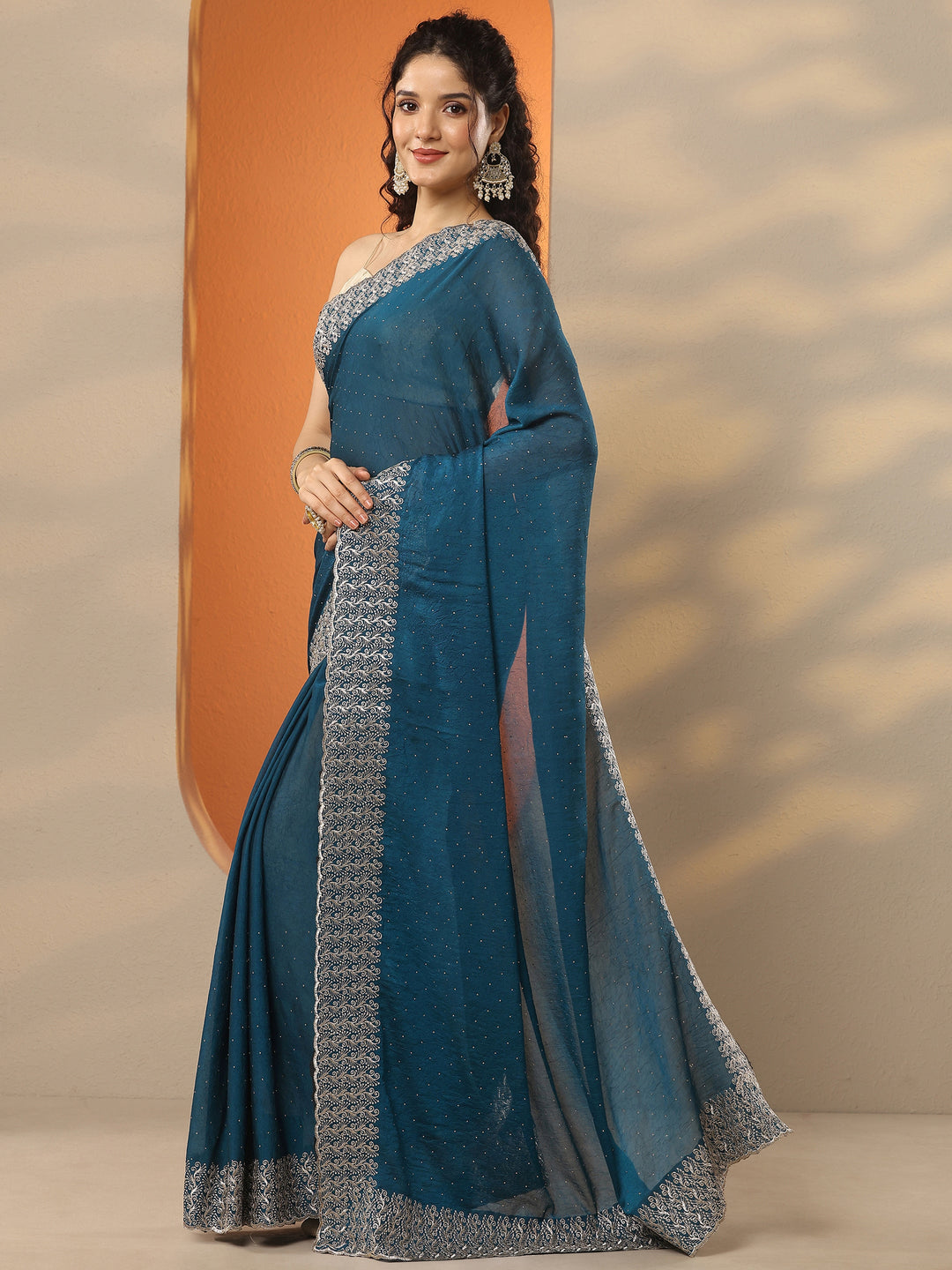 Blue Embellished Chinon Saree With Unstitched Blouse Piece