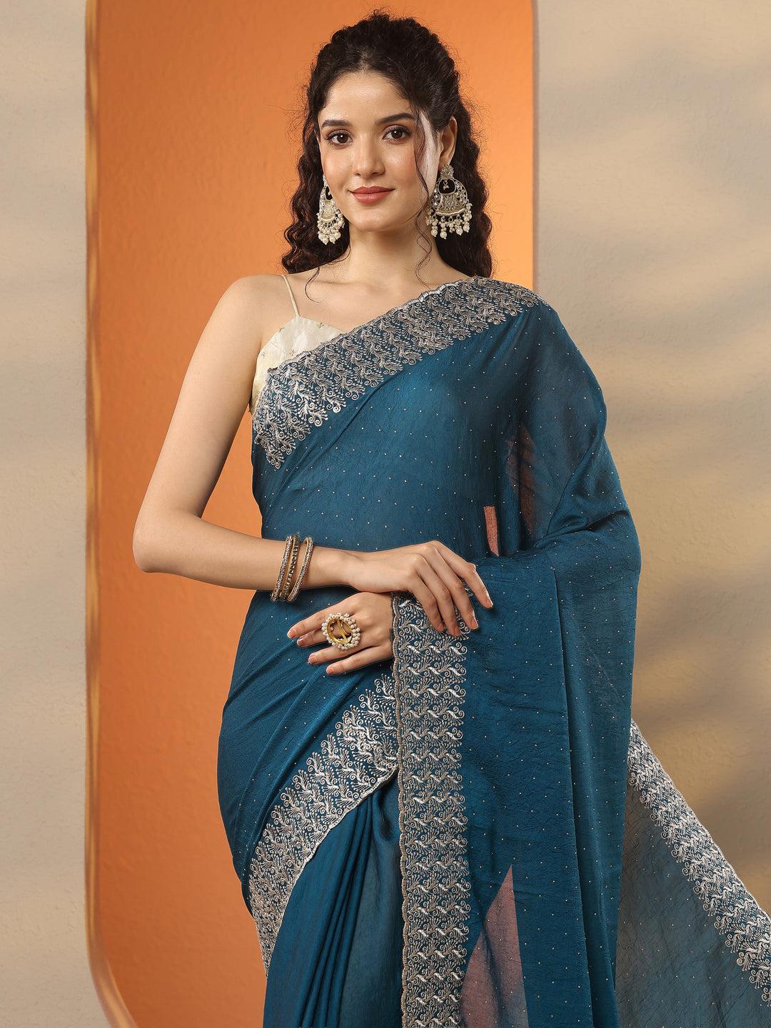 Blue Embellished Chinon Saree With Unstitched Blouse Piece