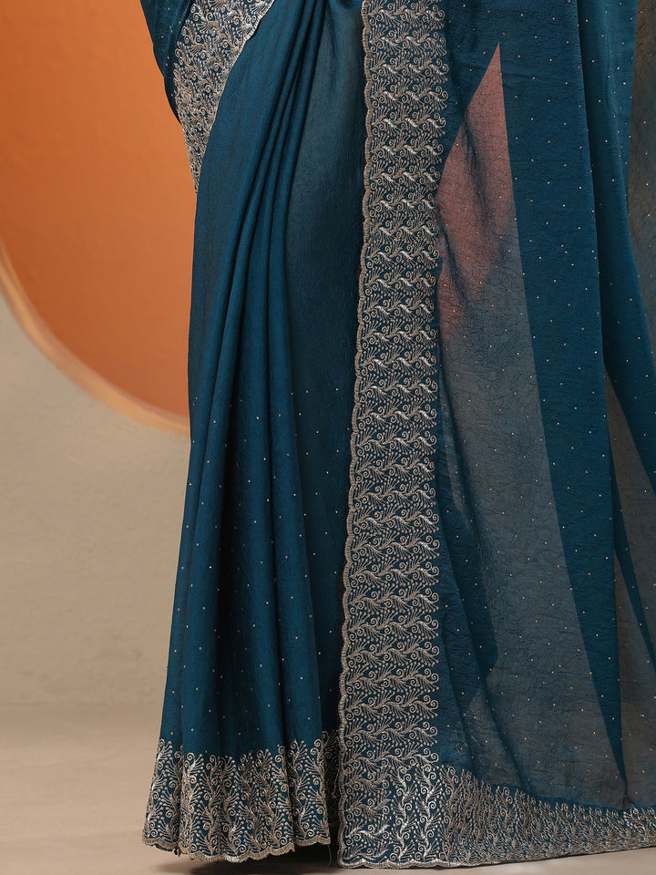 Blue Embellished Chinon Saree With Unstitched Blouse Piece