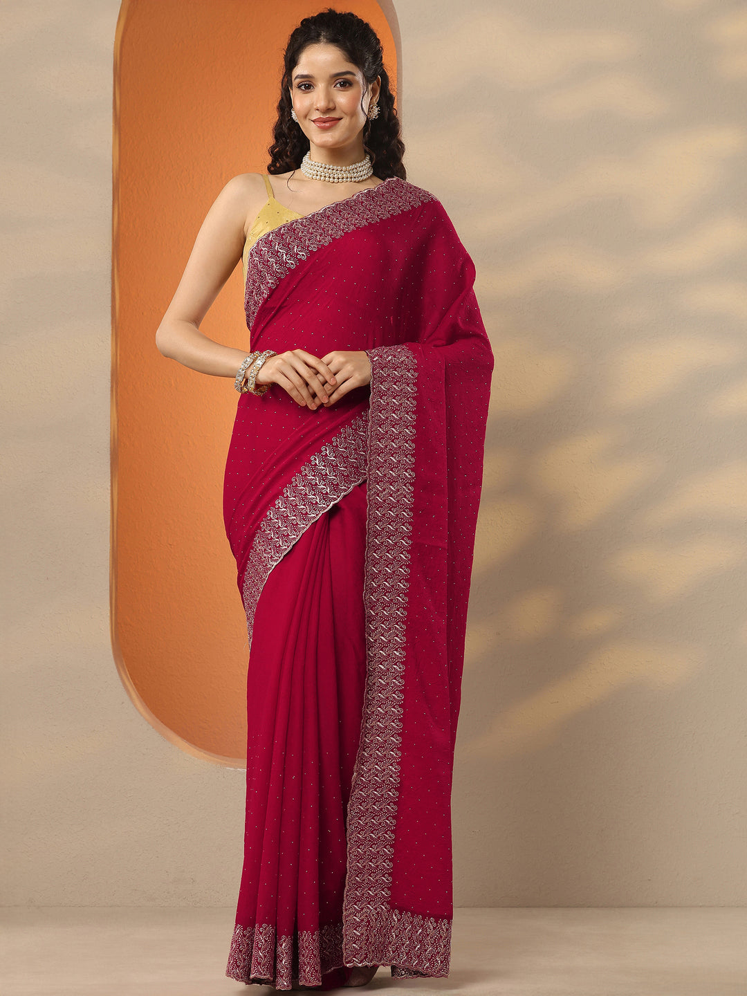 Red Embellished Chinon Saree With Unstitched Blouse Piece