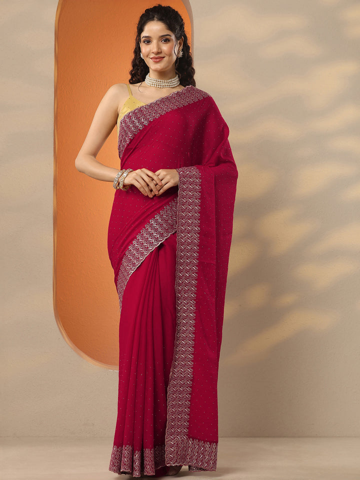 Red Embellished Chinon Saree With Unstitched Blouse Piece