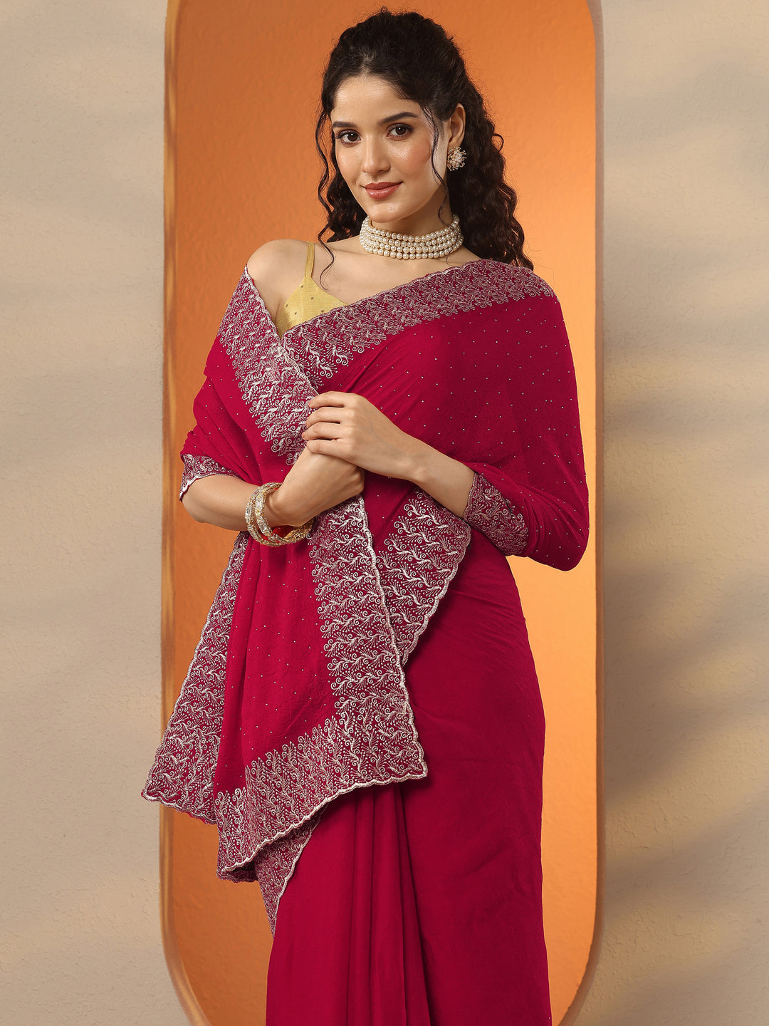 Red Embellished Chinon Saree With Unstitched Blouse Piece