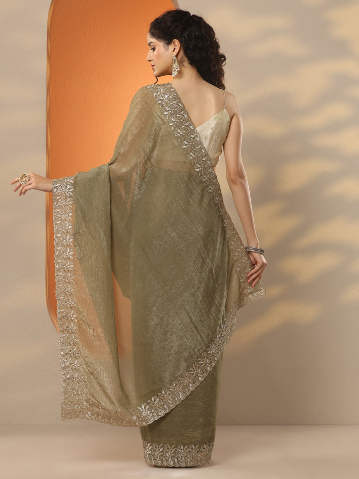 Green Embellished Chinon Saree With Unstitched Blouse Piece
