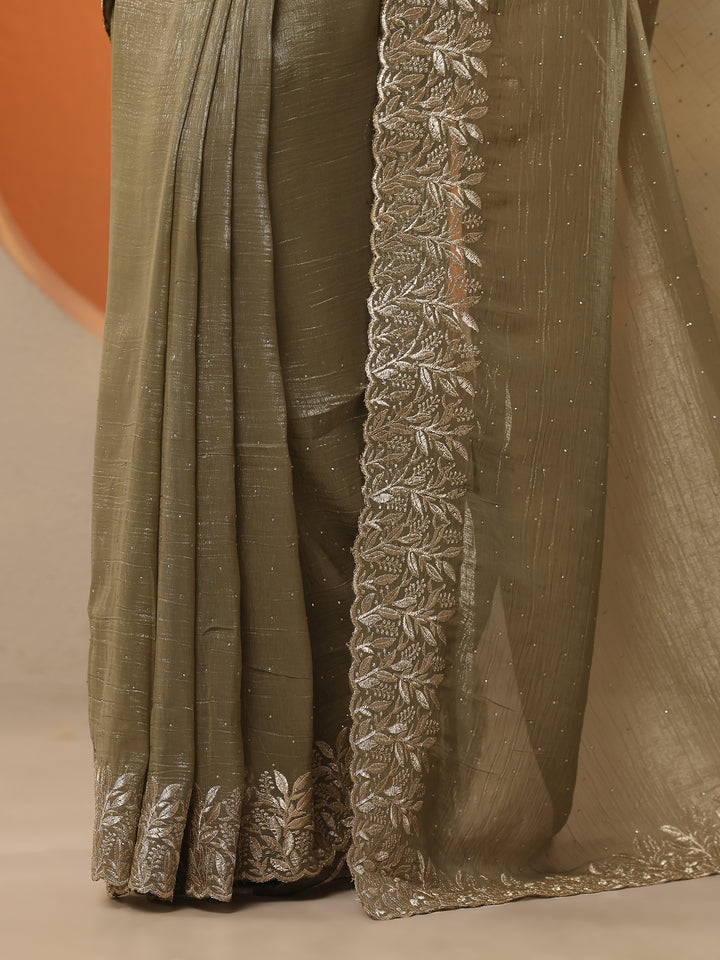 Green Embellished Chinon Saree With Unstitched Blouse Piece