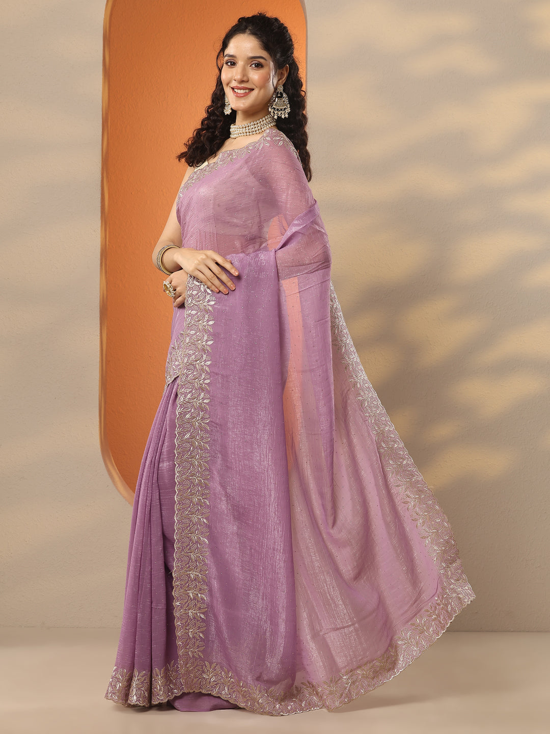 Lavender Embellished Chinon Saree With Unstitched Blouse Piece