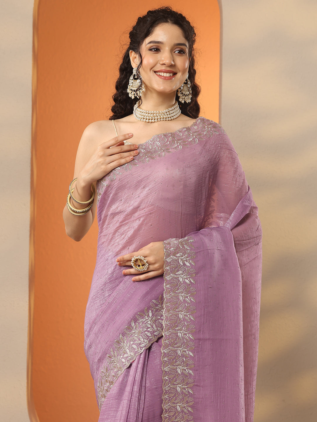 Lavender Embellished Chinon Saree With Unstitched Blouse Piece