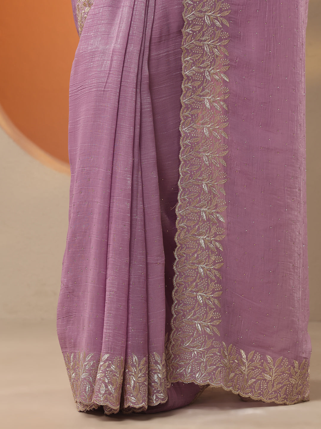 Lavender Embellished Chinon Saree With Unstitched Blouse Piece